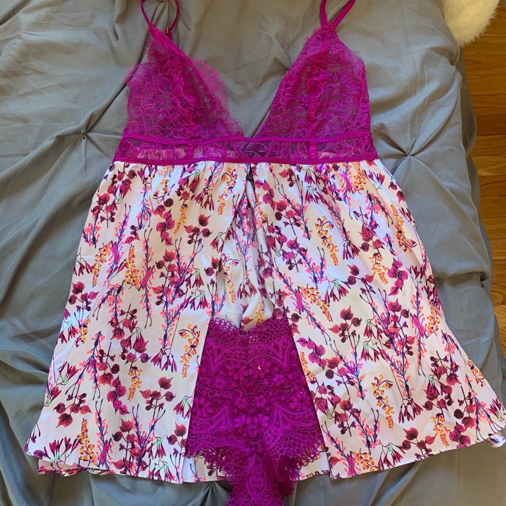 Victoria Secret Floral Satin Babydoll Lingerie Set
